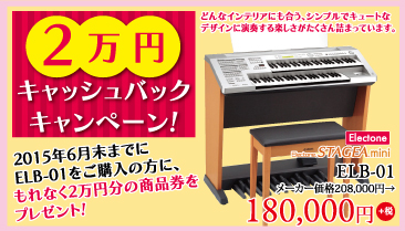 2万円キャッシュバックキャンペーン！2015年6月末までにエレクトーンステージアミニELB-01をご購入の方に、もれなく2万円分の商品券をプレゼント！