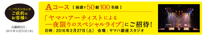 フェア特典対象品番ご成約のお客様にAコース抽選で50組100名様 ヤマハアーティストによる一夜限りのスペシャルライブにご招待！日時：2016年2月27日(土)会場：ヤマハ銀座スタジオ　応募締切日：2015年12月31日(木)