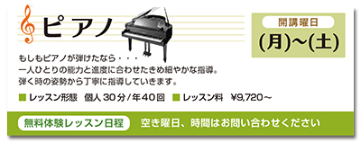 ピアノ。開講曜日、月曜日から土曜日。もしもピアノが弾けたなら。一人ひとりの能力と進度に合わせたきめ細やかな指導。弾く時の姿勢から丁寧に指導していきます。