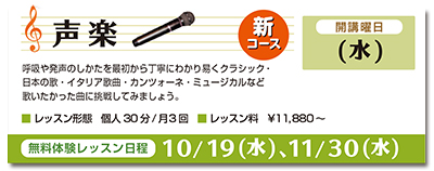 声楽。開講曜日、水曜日。呼吸や発生のしかたを最初から丁寧にわかり易く、クラシック・日本の歌・イタリア歌曲・カンツォーネ・ミュージカルなど歌いたかった曲にチャレンジしてみましょう。