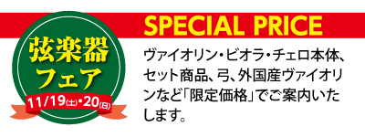 弦楽器フェア2016年11月19日土曜日、20日日曜日開催。バイオリン・ビオラ・チェロ本体、セット商品、弓、外国産バイオリンなど限定特価でご案内いたします。