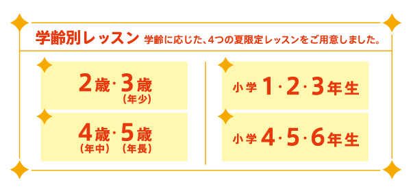 学齢別レッスン、学齢に応じた4つの夏限定レッスンをご用意しました。